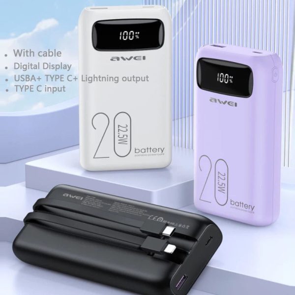 Awei Fast Charge Power Bank Led Digital Display with Built-in Cable 20000mAh   22.5W Online Sale